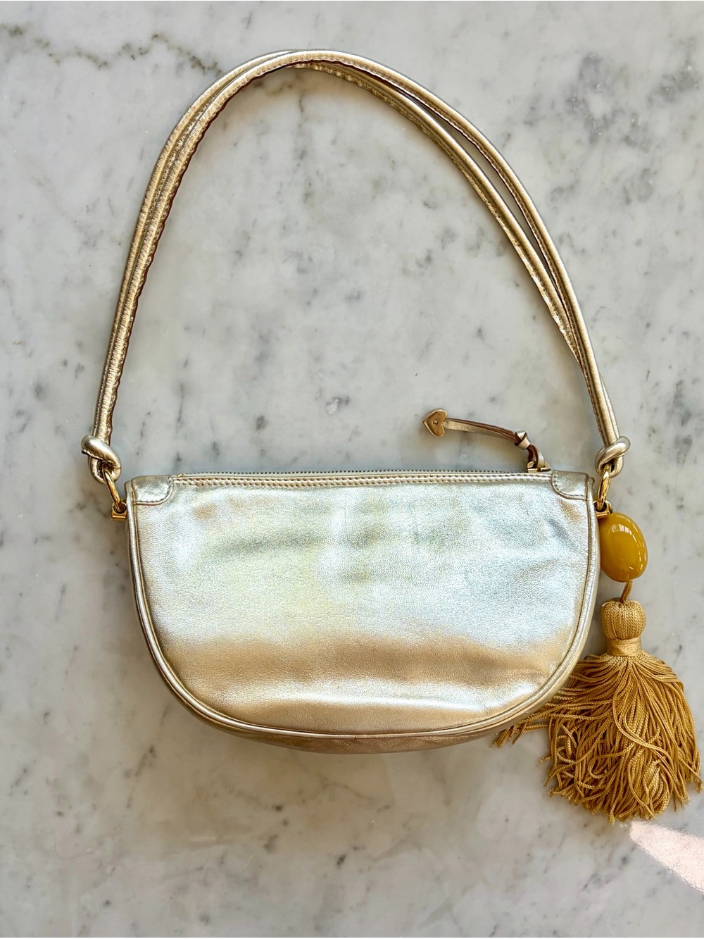 Escada Leather Shoulder Bag, zip, double strap, tassel charm, gold, EUC - Picture 5 of 15